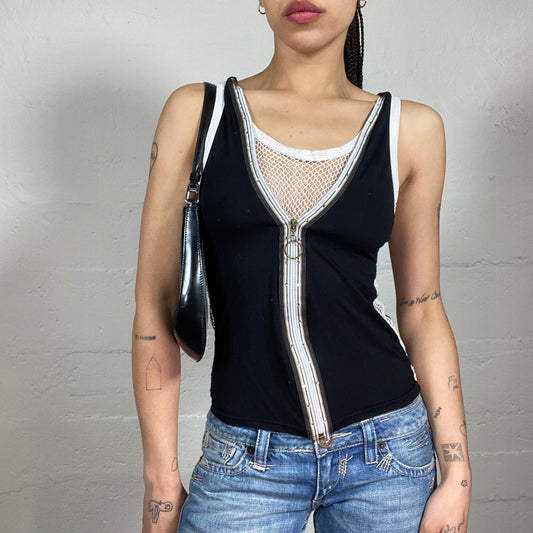 Vintage 2000’s Sporty Hip-Hop Black and White Zip Up Tank Top with Mesh Details and Rhinestones (S)