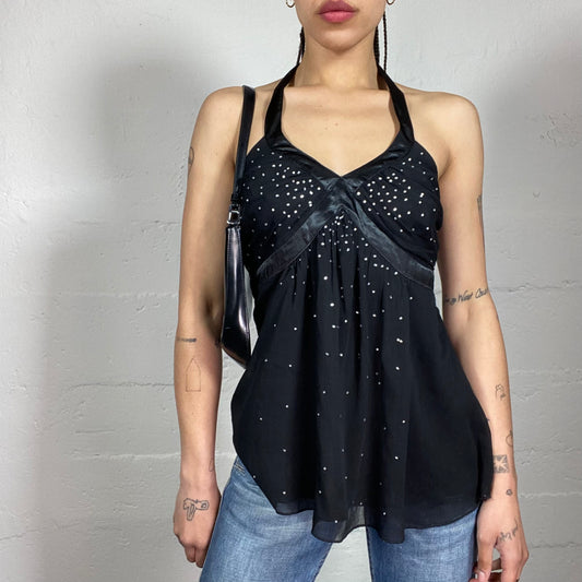 Vintage 2000’s Glamorous Black Draped Neckholder Top With Rhinestone Decorations and Silky Details (M)