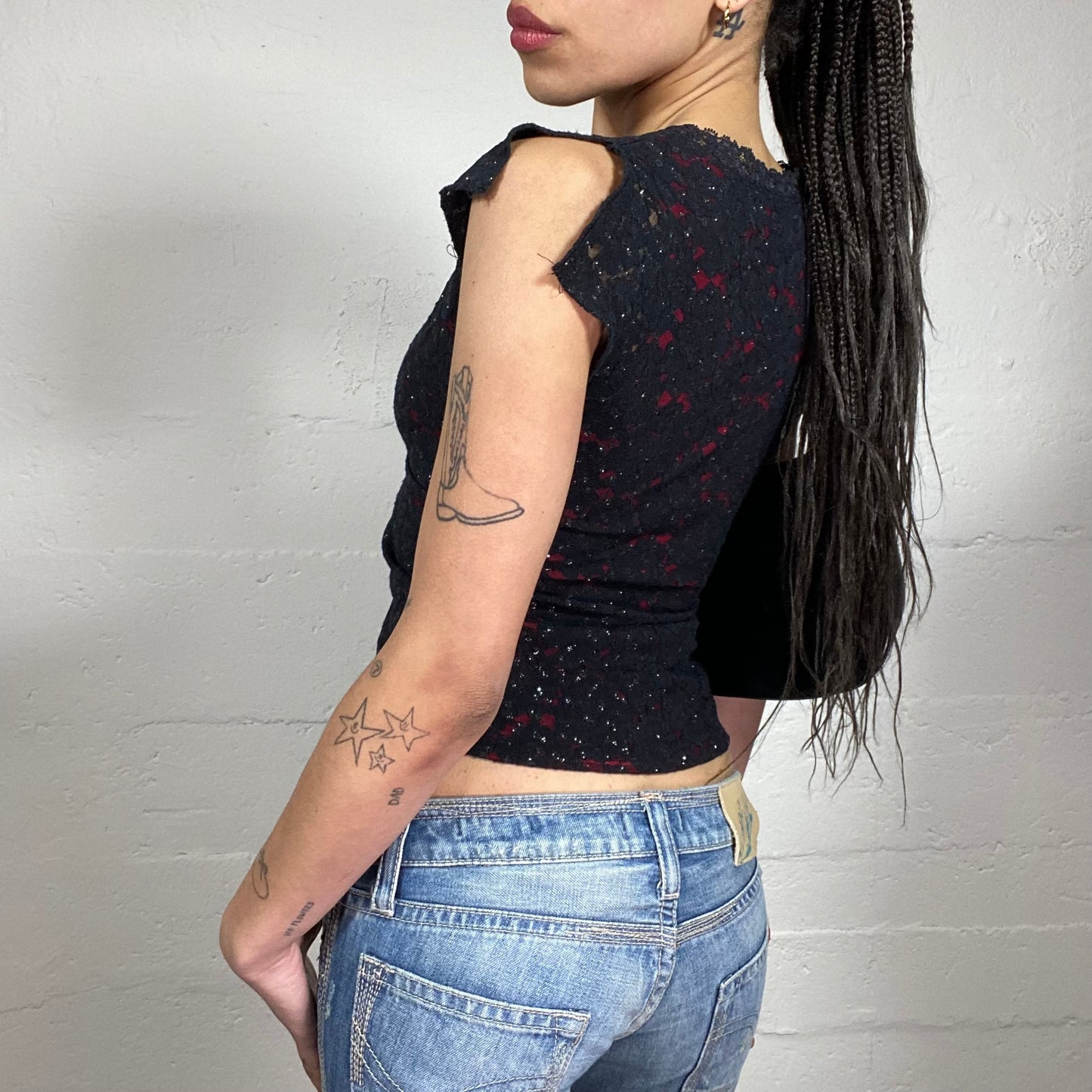 Vintage 2000’s Vamp Girl Lace Covered Black V-Neck Top with Red Accents and Sleeve Cuts (S)