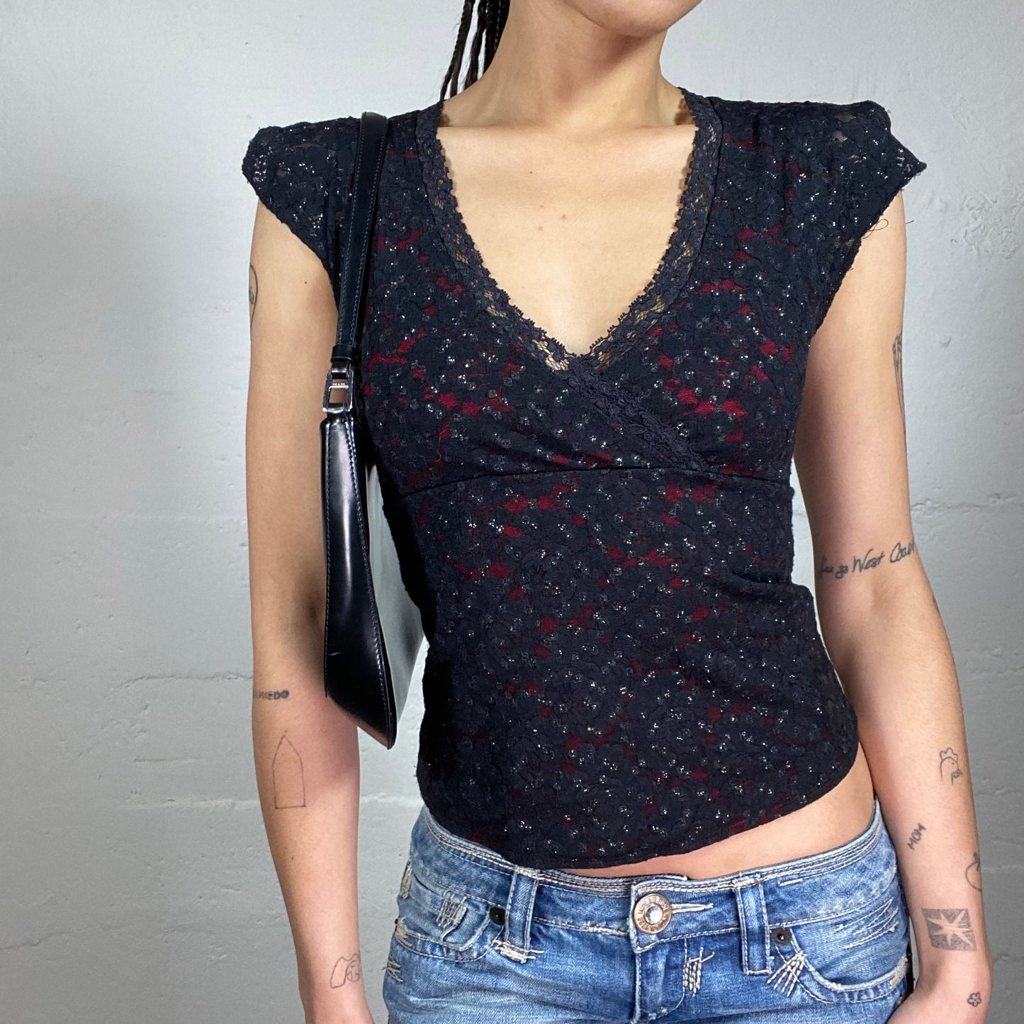 Vintage 2000’s Vamp Girl Lace Covered Black V-Neck Top with Red Accents and Sleeve Cuts (S)