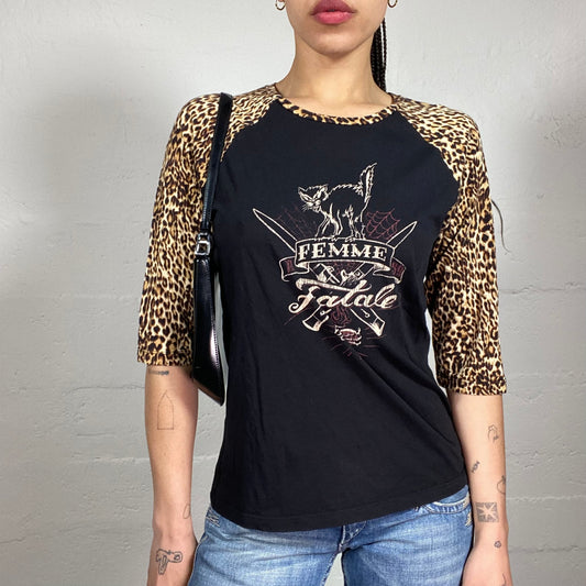 Vintage 2000’s Grunge Femme Fatale Typography and Cheetah Print 3/4 Sleeved Top (L)