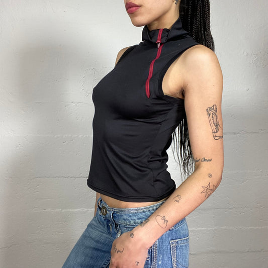 Vintage 2000’s Biker Girl Style Black High Neck Tank Top with Contrast Red Zipper Detail (S)