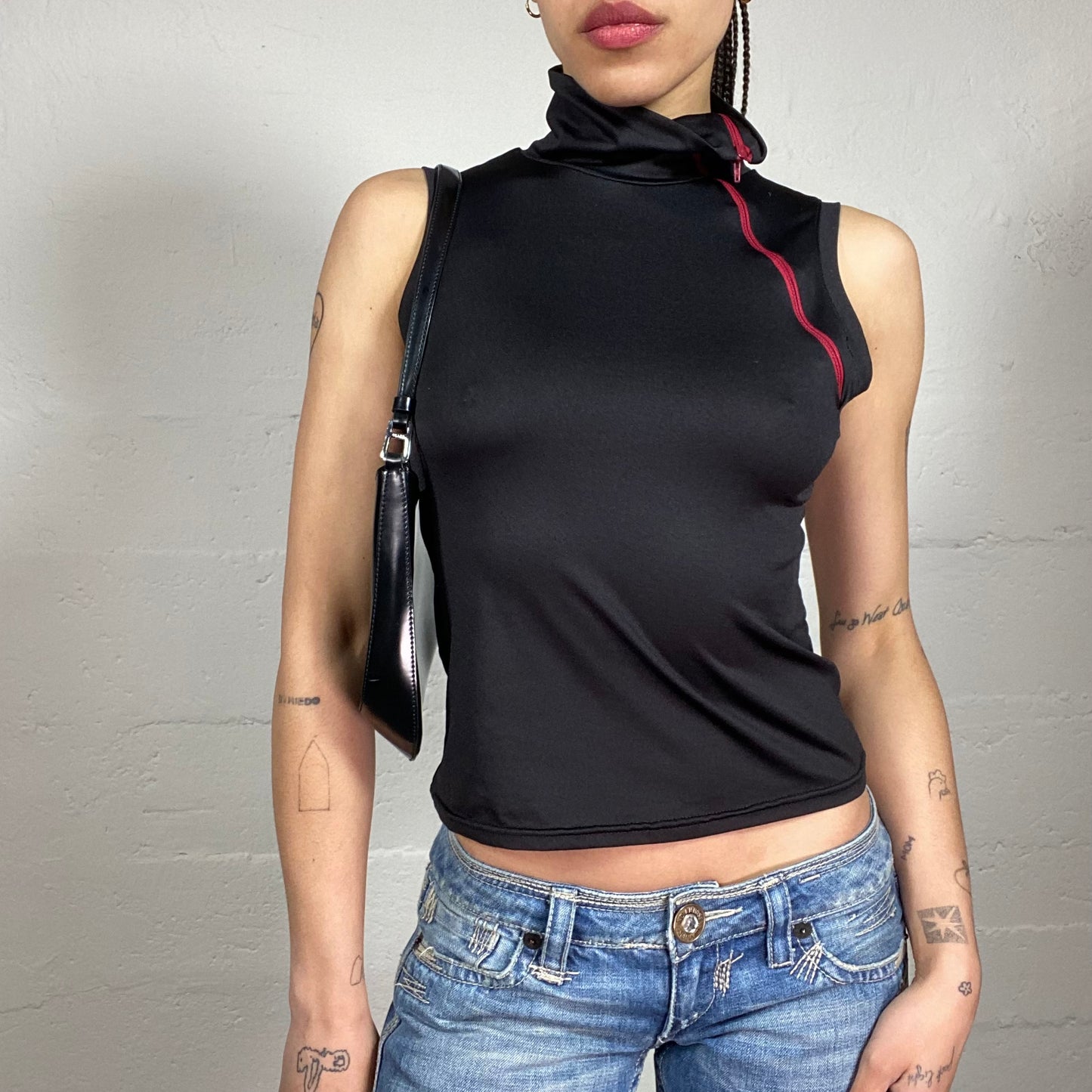 Vintage 2000’s Biker Girl Style Black High Neck Tank Top with Contrast Red Zipper Detail (S)