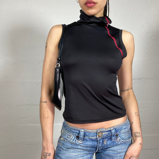 Vintage 2000’s Biker Girl Style Black High Neck Tank Top with Contrast Red Zipper Detail (S)