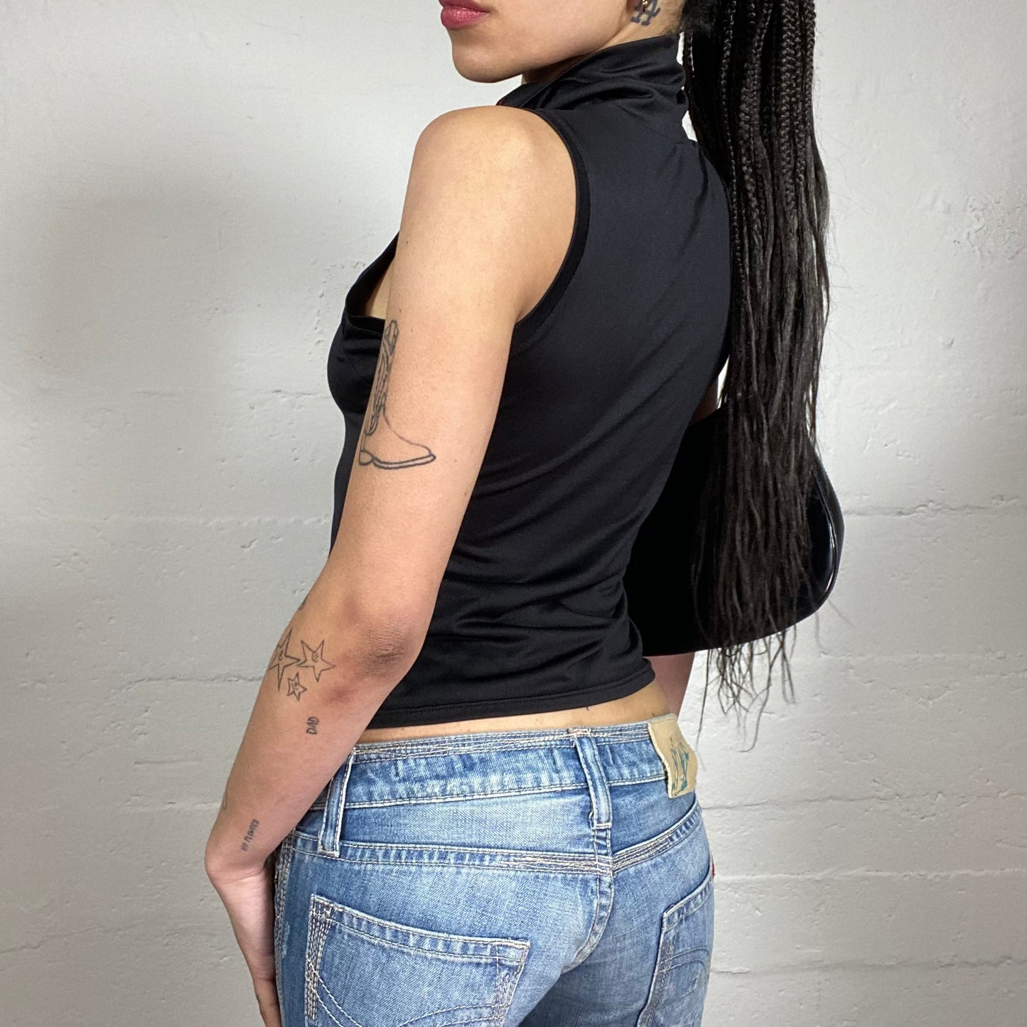 Vintage 2000’s Biker Girl Style Black High Neck Tank Top with Contrast Red Zipper Detail (S)
