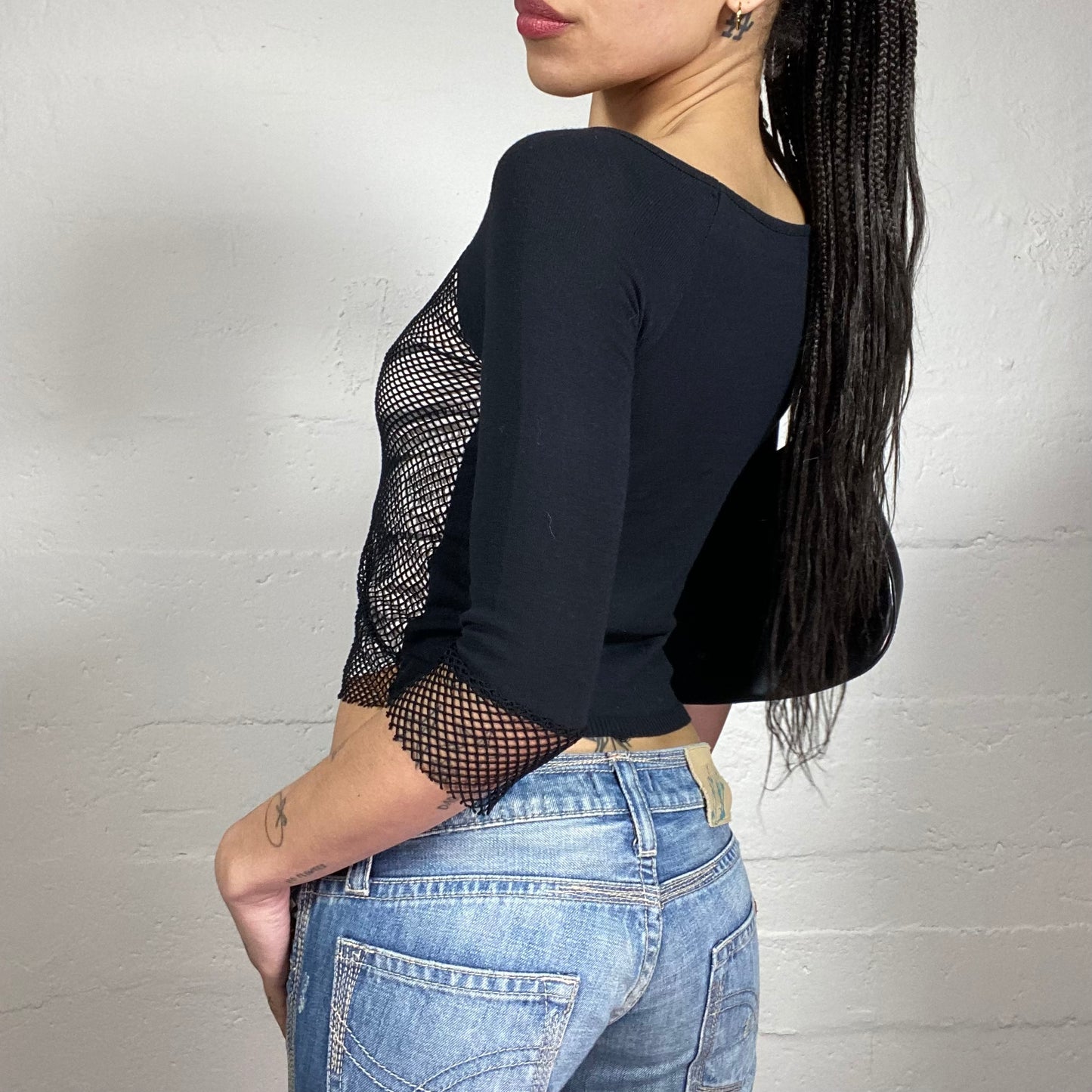 Vintage 2000’s Street Dancing Black 2/4 Sleeve Top with Futuristic Print and Mesh Details (S)