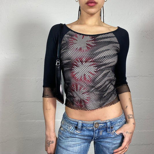Vintage 2000’s Street Dancing Black 2/4 Sleeve Top with Futuristic Print and Mesh Details (S)