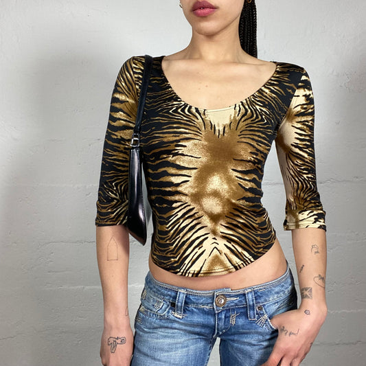 Vintage 2000’s Cheetah Girl Brown and Beige 2/4 Sleeve Animal Print Cropped Top (S)