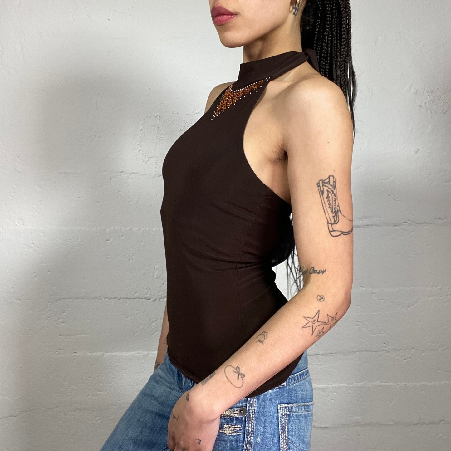 Vintage 2000’s Downtown Girl Brown Neckholder Top with Rhinestone Embroidery (S)