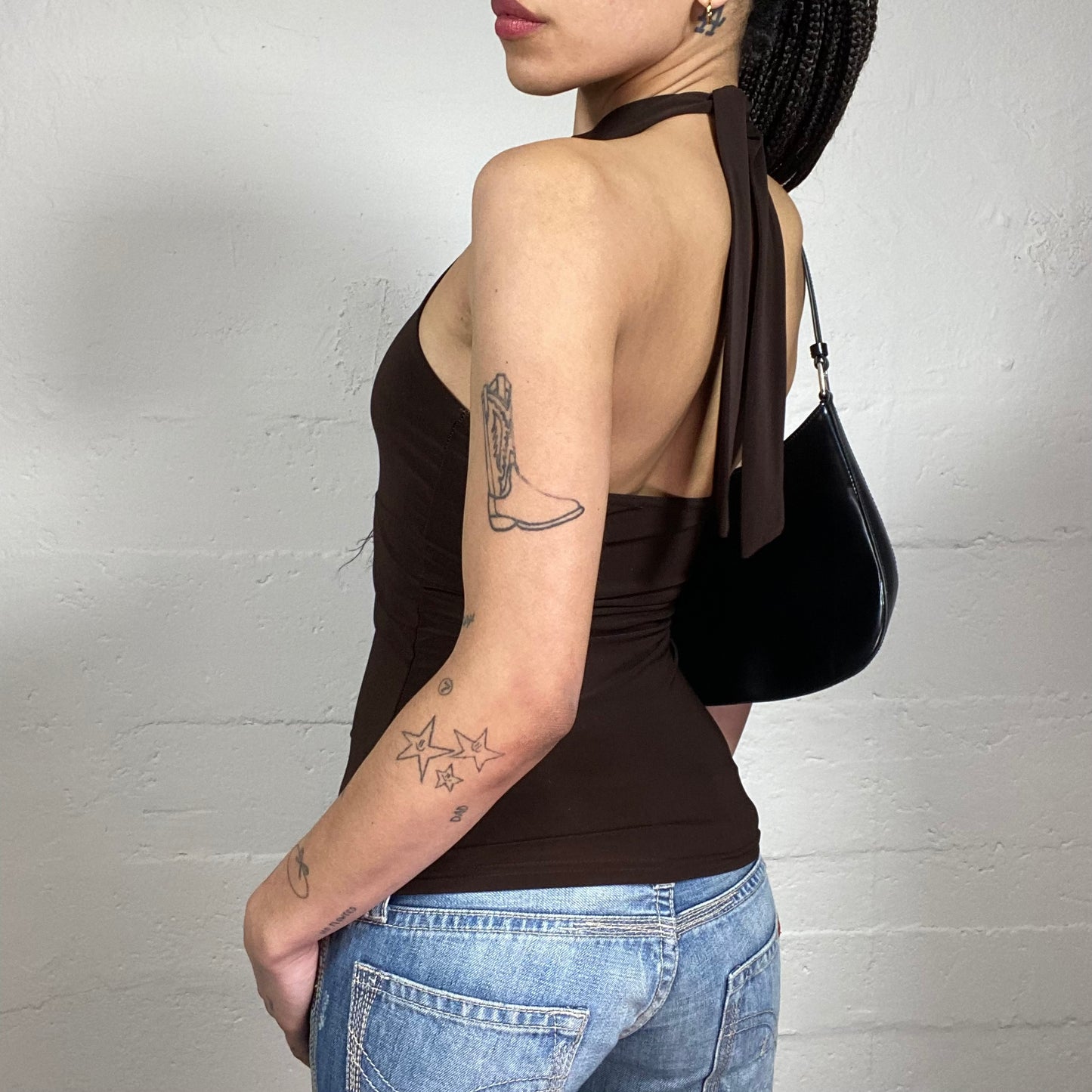 Vintage 2000’s Downtown Girl Brown Neckholder Top with Rhinestone Embroidery (S)