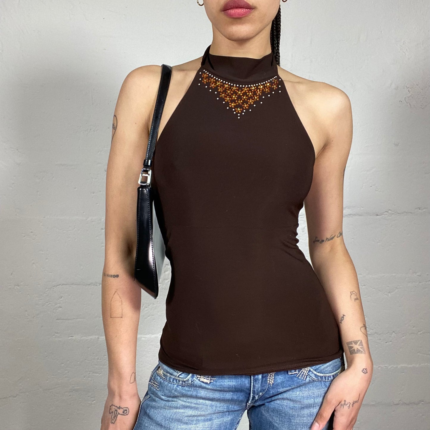 Vintage 2000’s Downtown Girl Brown Neckholder Top with Rhinestone Embroidery (S)