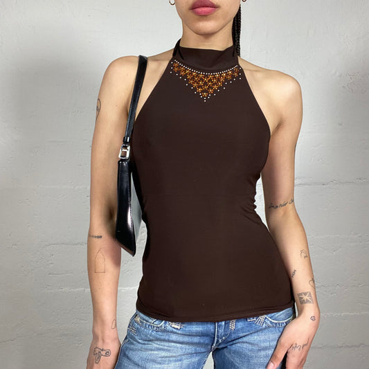 Vintage 2000’s Downtown Girl Brown Neckholder Top with Rhinestone Embroidery (S)