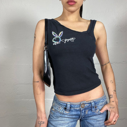 Vintage 2000’s Playboy Hip-Hop Girlie Asymmetric Shoulders Black Cropped Jersey Top with Sequins Decorated Logo Print (S)