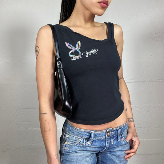 Vintage 2000’s Playboy Hip-Hop Girlie Asymmetric Shoulders Black Cropped Jersey Top with Sequins Decorated Logo Print (S)