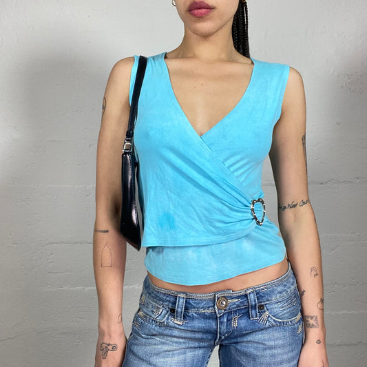 Vintage 2000’s Beach Party Aquamarine Blue Wrapping Effect V-Neck Top with Metal Heart-Shaped Ring Detail (S)