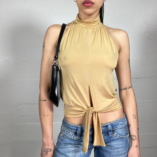 Vintage 2000’s Upper East Side Style Beige Glam Neckholder Top with Bottom Decorative Binding (M)