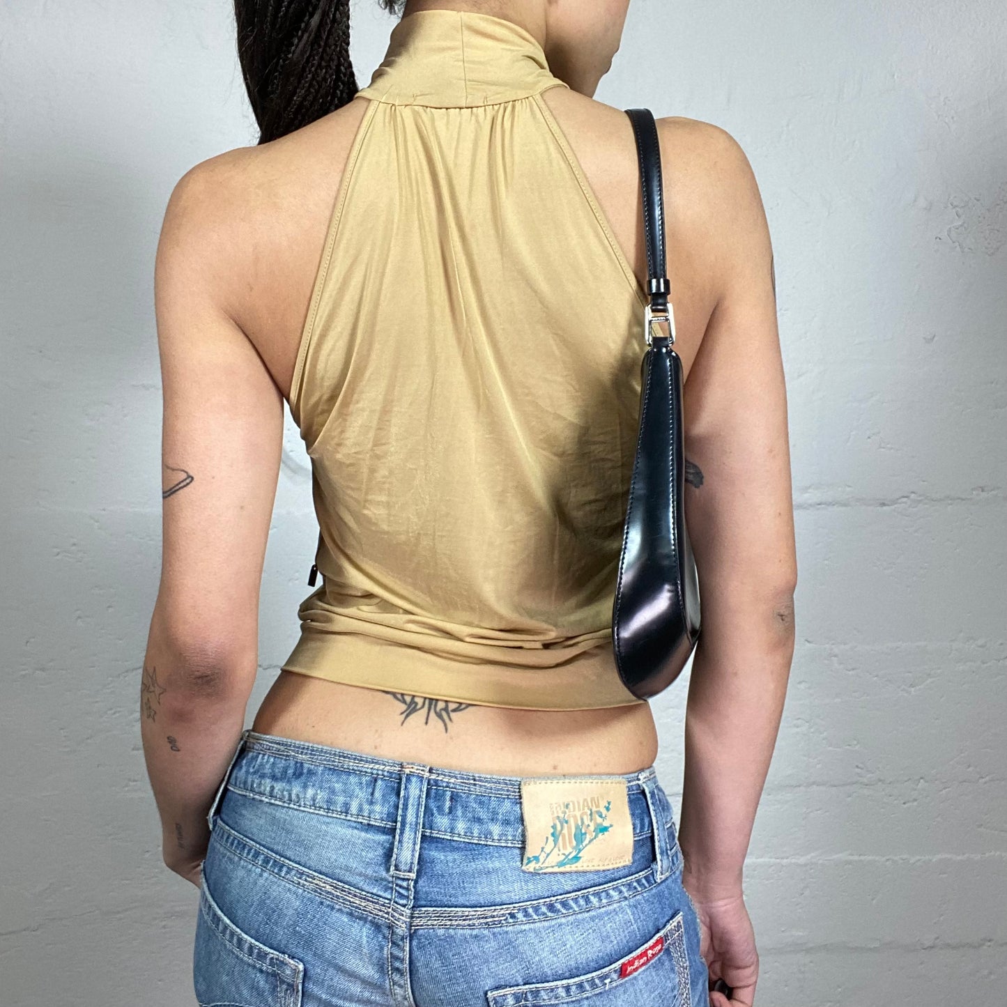 Vintage 2000’s Upper East Side Style Beige Glam Neckholder Top with Bottom Decorative Binding (M)