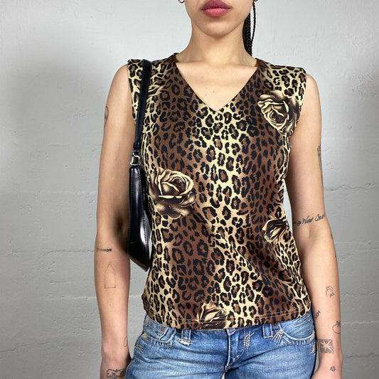 Vintage 2000’s Cheetah Girl Brown and Beige Animal Printed Tank Top with V-Neck (M)