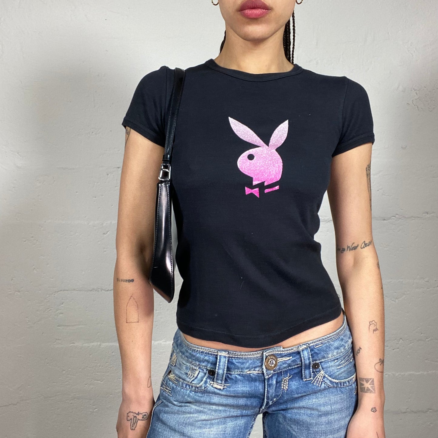 Vintage 2000’s Playboy Clubwear Black Baby Tee with Fading Pink Logo Embroidery (S)