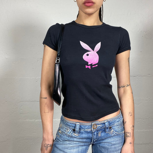 Vintage 2000’s Playboy Clubwear Black Baby Tee with Fading Pink Logo Embroidery (S)