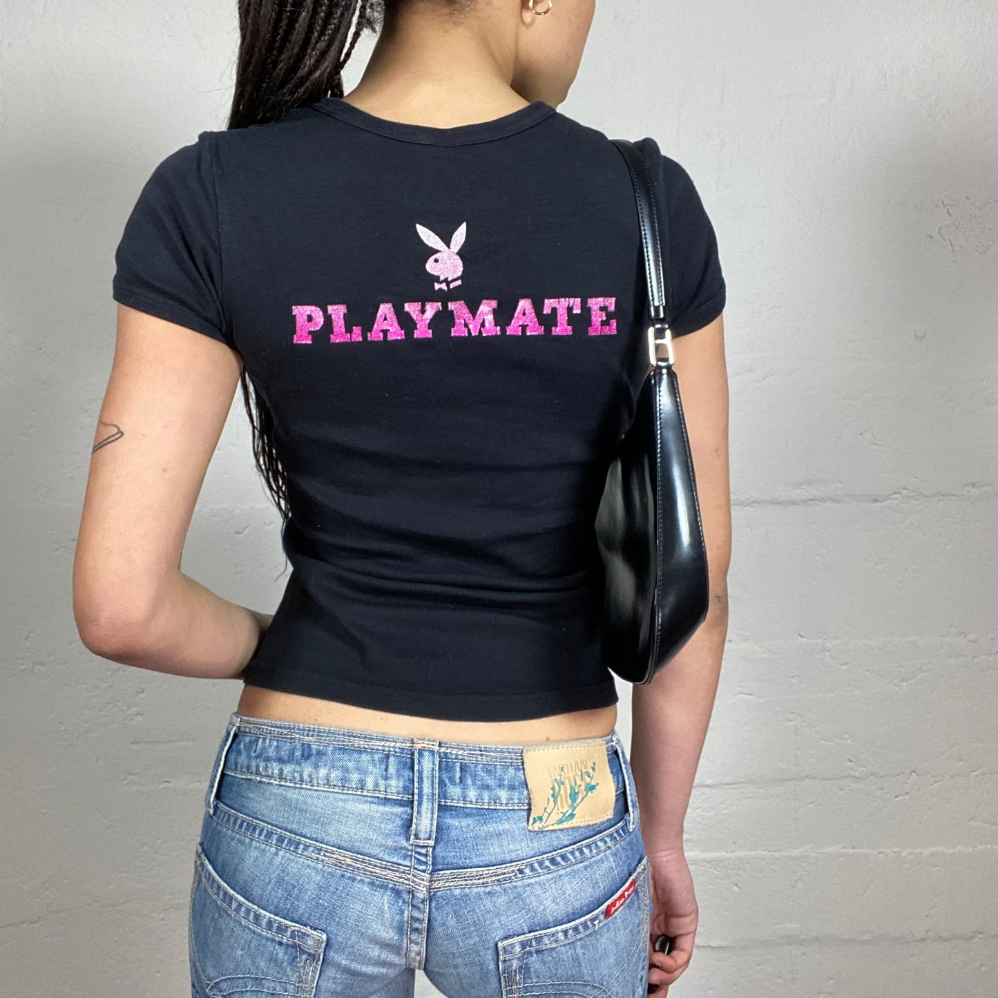 Vintage 2000’s Playboy Clubwear Black Baby Tee with Fading Pink Logo Embroidery (S)