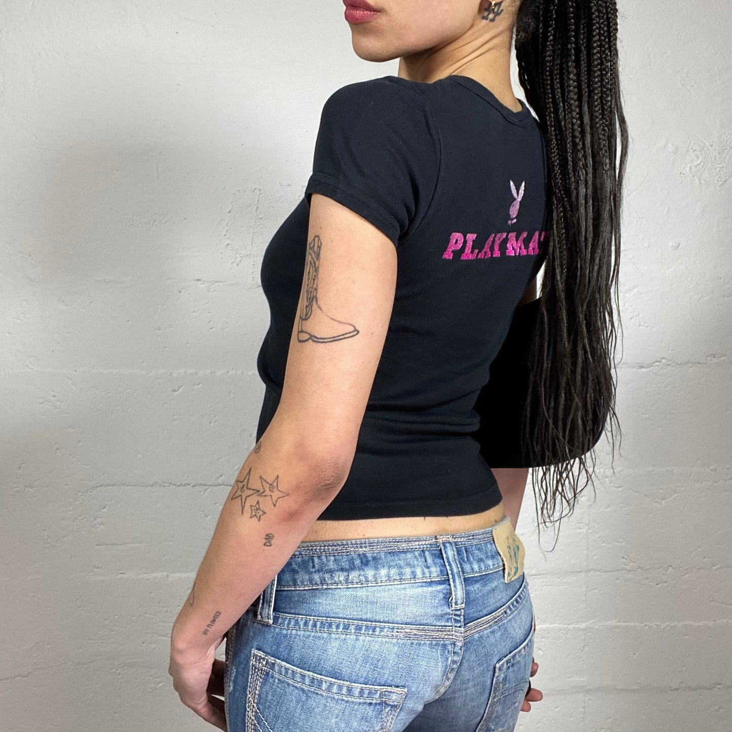 Vintage 2000’s Playboy Clubwear Black Baby Tee with Fading Pink Logo Embroidery (S)