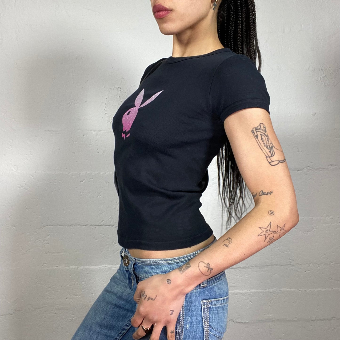 Vintage 2000’s Playboy Clubwear Black Baby Tee with Fading Pink Logo Embroidery (S)