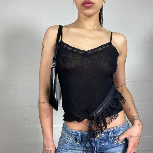 Vintage 2000’s Grunge Clubwear Biker Girl Black See Through Cami Top with Zipper Detail and Lace Trim (M)