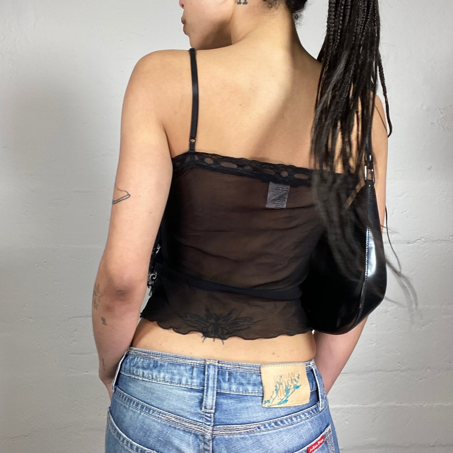 Vintage 2000’s Grunge Clubwear Biker Girl Black See Through Cami Top with Zipper Detail and Lace Trim (M)