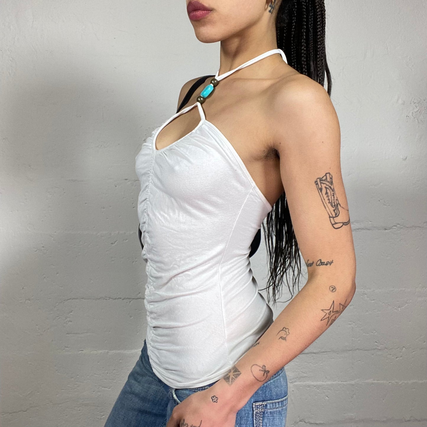 Vintage 2000’s Morgan Mermaid Style White Ruffled Top with Blue Jewelry Decorated Neckholder (S)