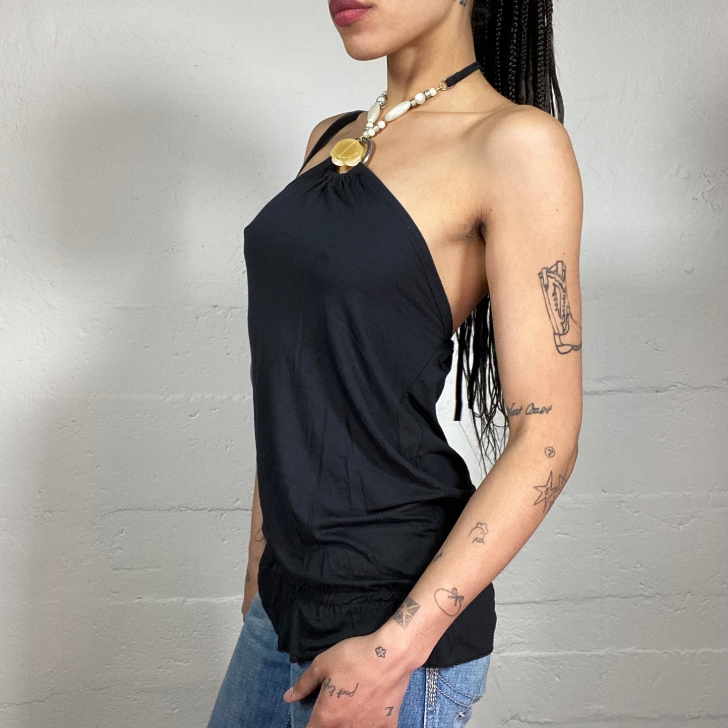 Vintage 2000’s Serena Van Der Woodsen Style Black Hip Length Top with Sea Style Jewelry Decorated Neckholder (S)