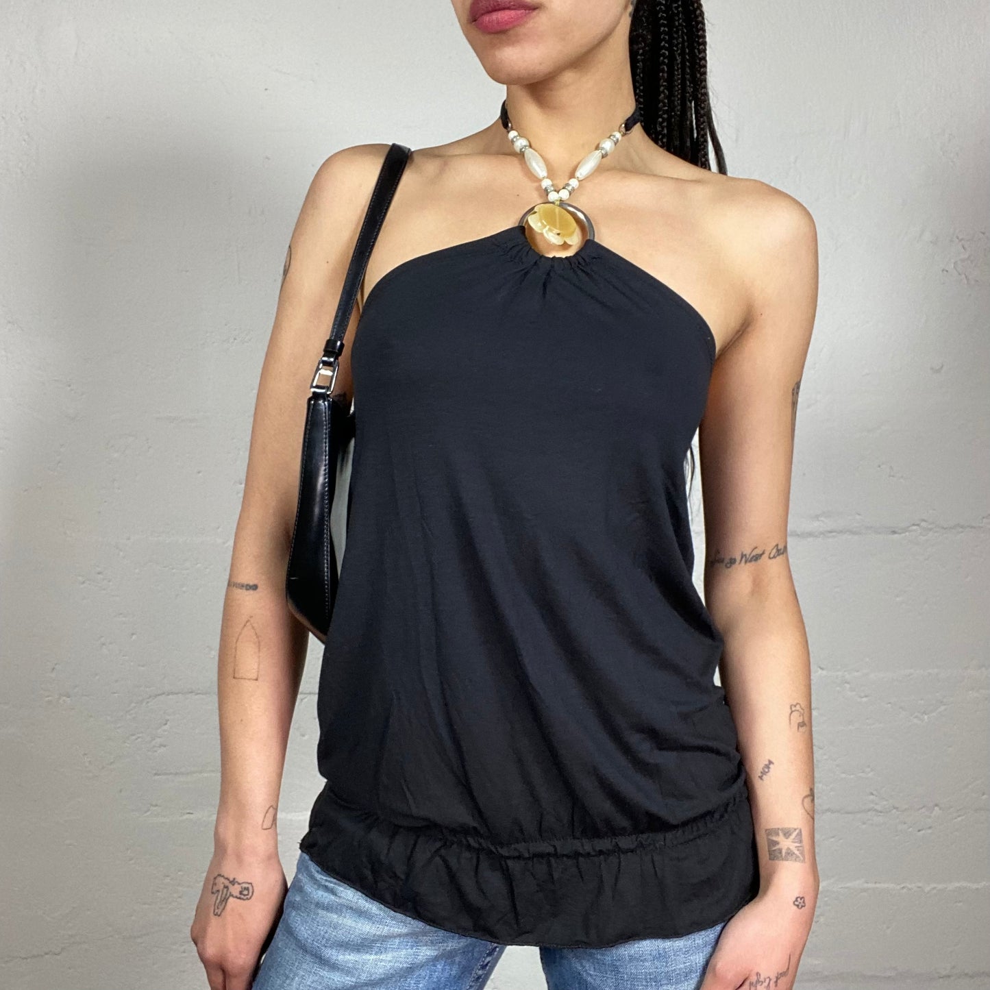 Vintage 2000’s Serena Van Der Woodsen Style Black Hip Length Top with Sea Style Jewelry Decorated Neckholder (S)