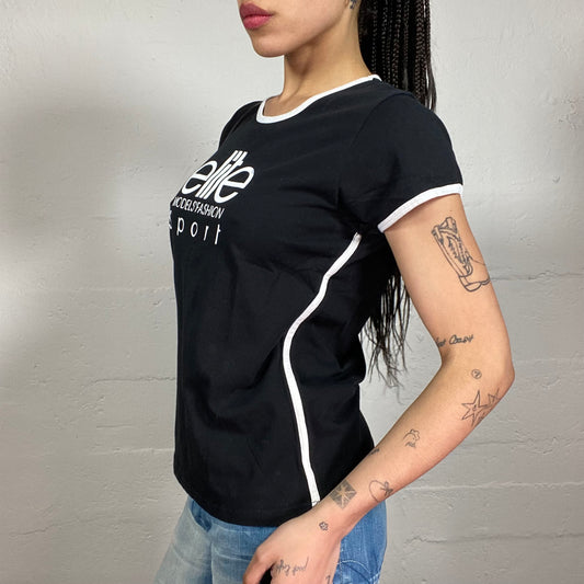 Vintage 2000’s Elite Sporty Black Tee with Contrast White Trim and Middle Logo Detail (M)
