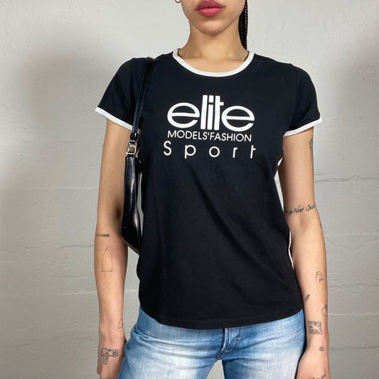 Vintage 2000’s Elite Sporty Black Tee with Contrast White Trim and Middle Logo Detail (M)