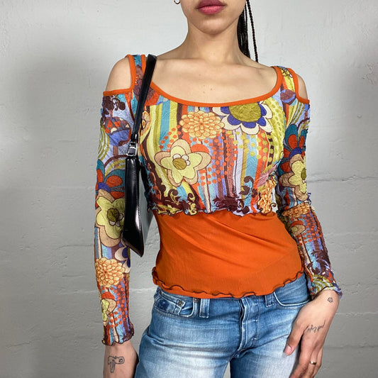 Vintage 2000’s Fun Summer Girl Open Shoulders Orange Layered Longsleeve Top with Funky Floral Multicoloured Print (S)