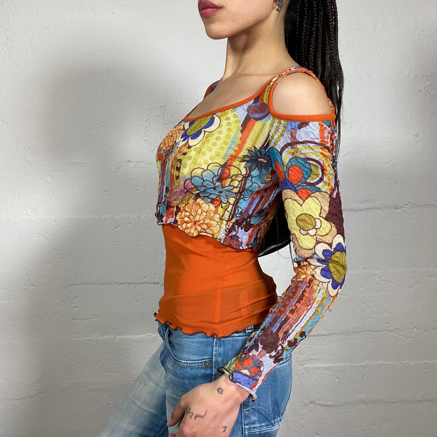 Vintage 2000’s Fun Summer Girl Open Shoulders Orange Layered Longsleeve Top with Funky Floral Multicoloured Print (S)