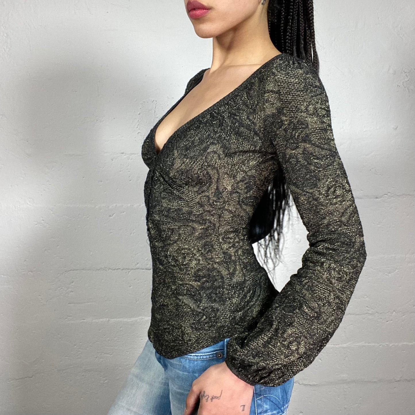 Vintage 2000’s Boho Girl Sheer Green Long Ballon Sleeved Top with V-Neck and Ribbon Detail (S)