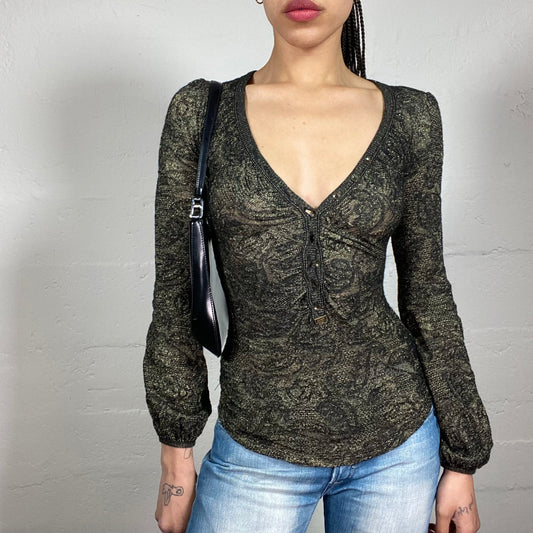 Vintage 2000’s Boho Girl Sheer Green Long Ballon Sleeved Top with V-Neck and Ribbon Detail (S)