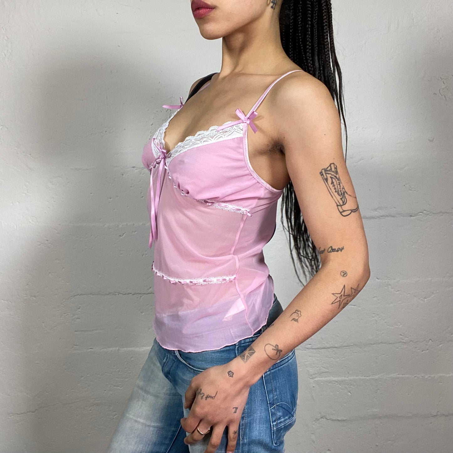 Vintage 2000’s Soft Girl Ballet Chiffon Baby Pink See-Through Cami Top with White Lace Embroidery and Silky Ribbons (L)