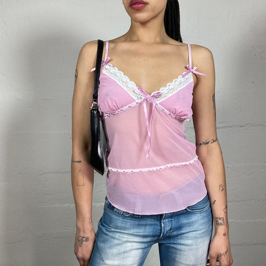 Vintage 2000’s Soft Girl Ballet Chiffon Baby Pink See-Through Cami Top with White Lace Embroidery and Silky Ribbons (L)
