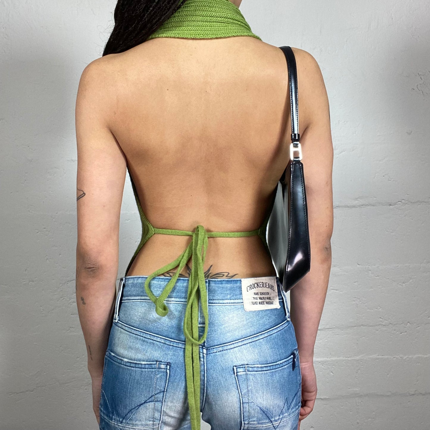 Vintage 2000’s Coffee Date Summer Green Knitted Neckholder Button Up Top with Open Back and Binding (M)