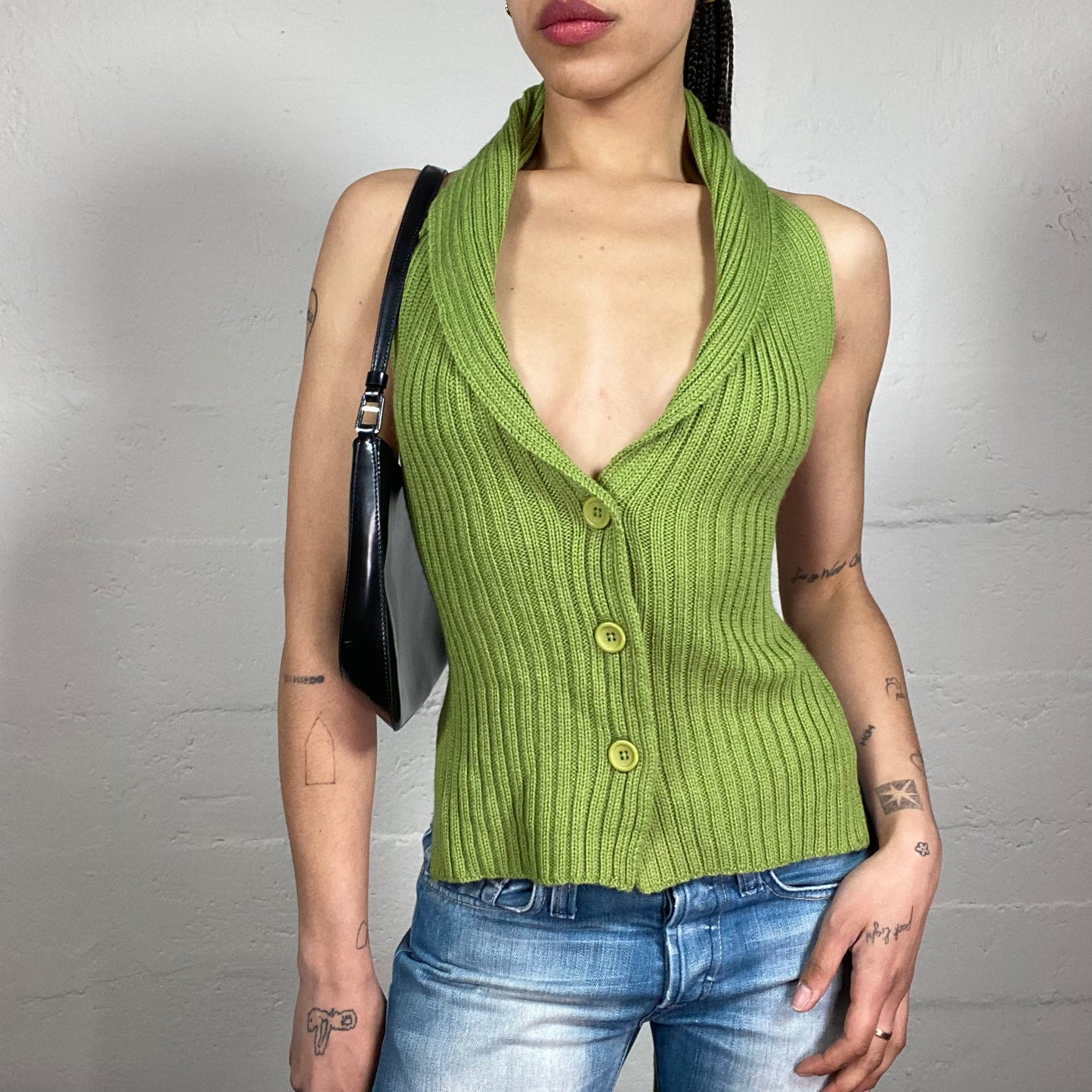 Vintage 2000’s Coffee Date Summer Green Knitted Neckholder Button Up Top with Open Back and Binding (M)