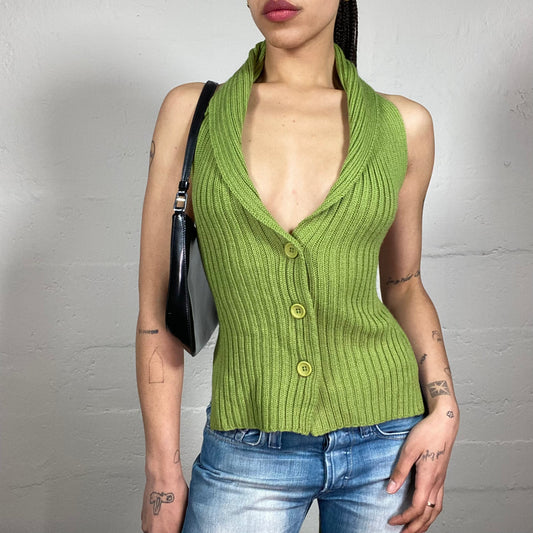 Vintage 2000’s Coffee Date Summer Green Knitted Neckholder Button Up Top with Open Back and Binding (M)