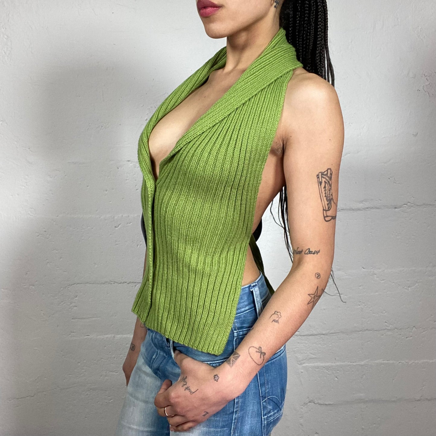 Vintage 2000’s Coffee Date Summer Green Knitted Neckholder Button Up Top with Open Back and Binding (M)