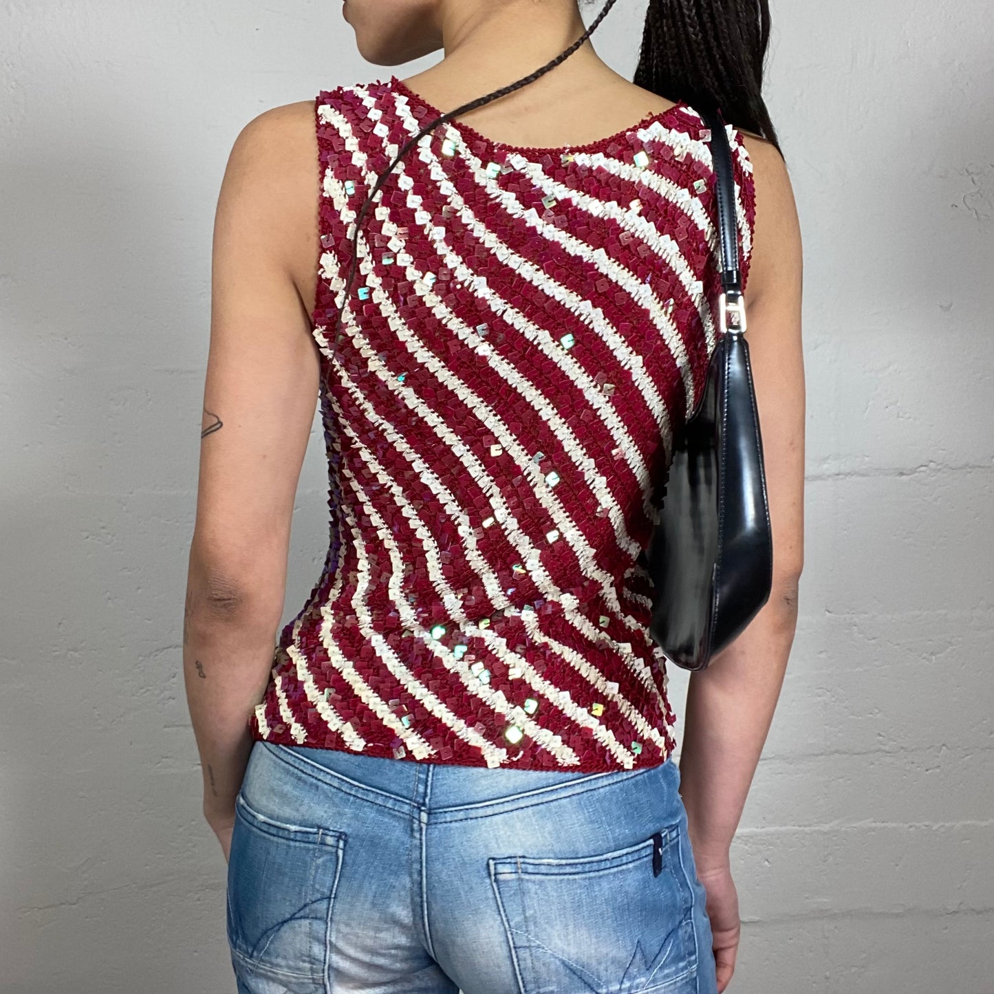 Vintage 2000’s Funky Clubweae Sequins Embroidered Striped White and Red Tank Top (S)