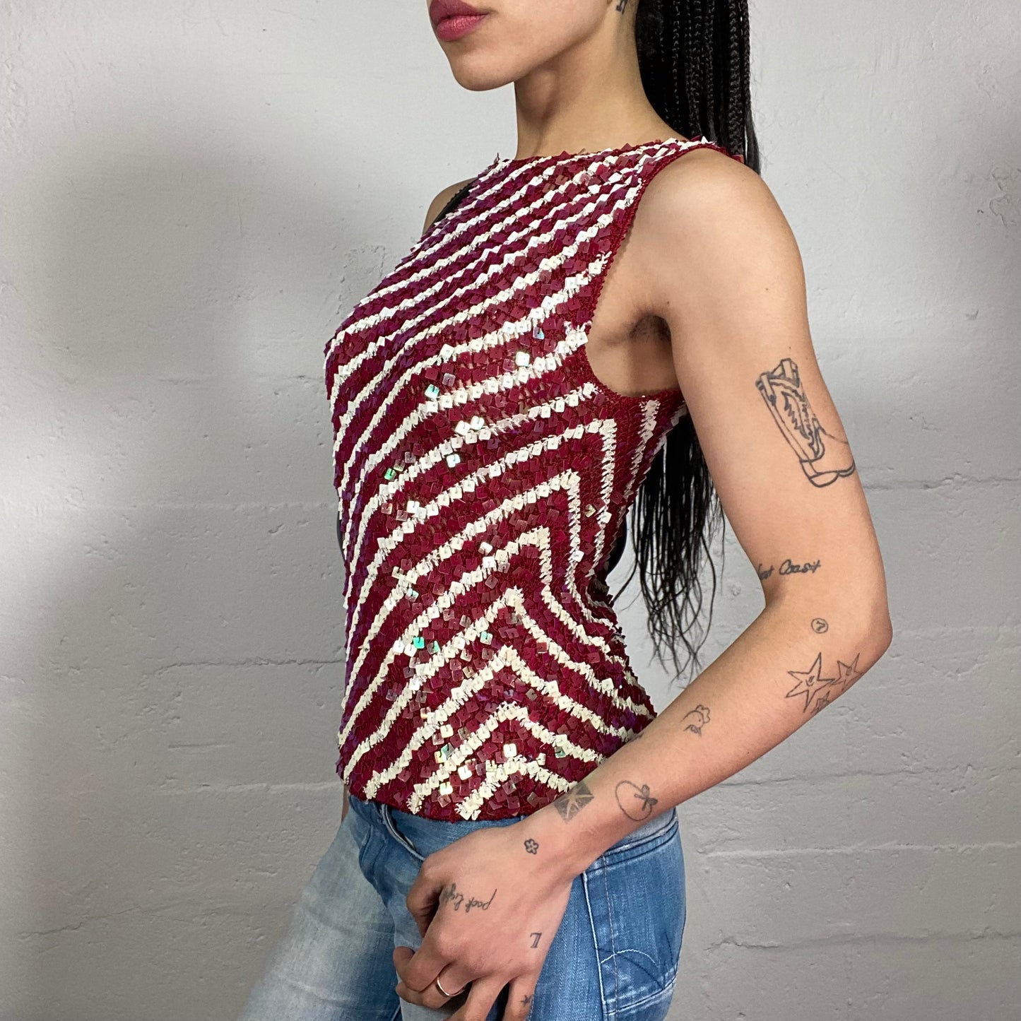 Vintage 2000’s Funky Clubweae Sequins Embroidered Striped White and Red Tank Top (S)