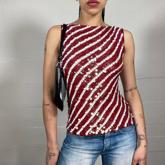 Vintage 2000’s Funky Clubweae Sequins Embroidered Striped White and Red Tank Top (S)