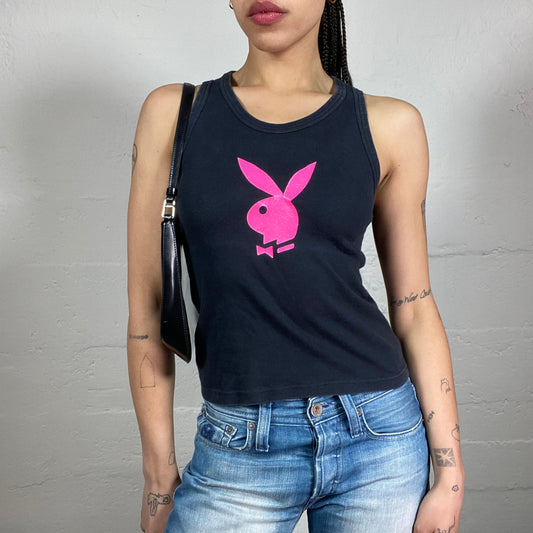 Vintage 2000’s Playboy Black Tank Top with Neon Pink Logo Print (S)