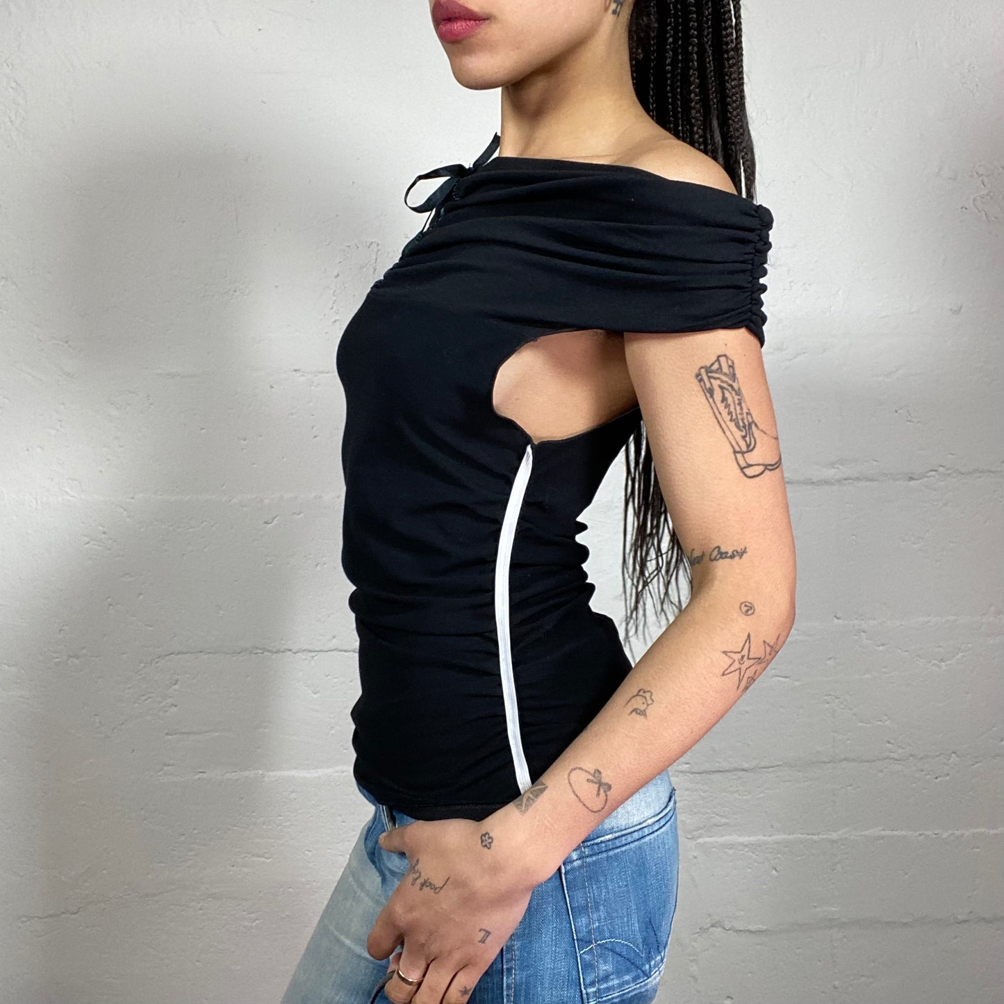 Vintage 2000’s Night Out Black Classy Draped Off Shoulder Top with Contrast White Side Stripes (S)