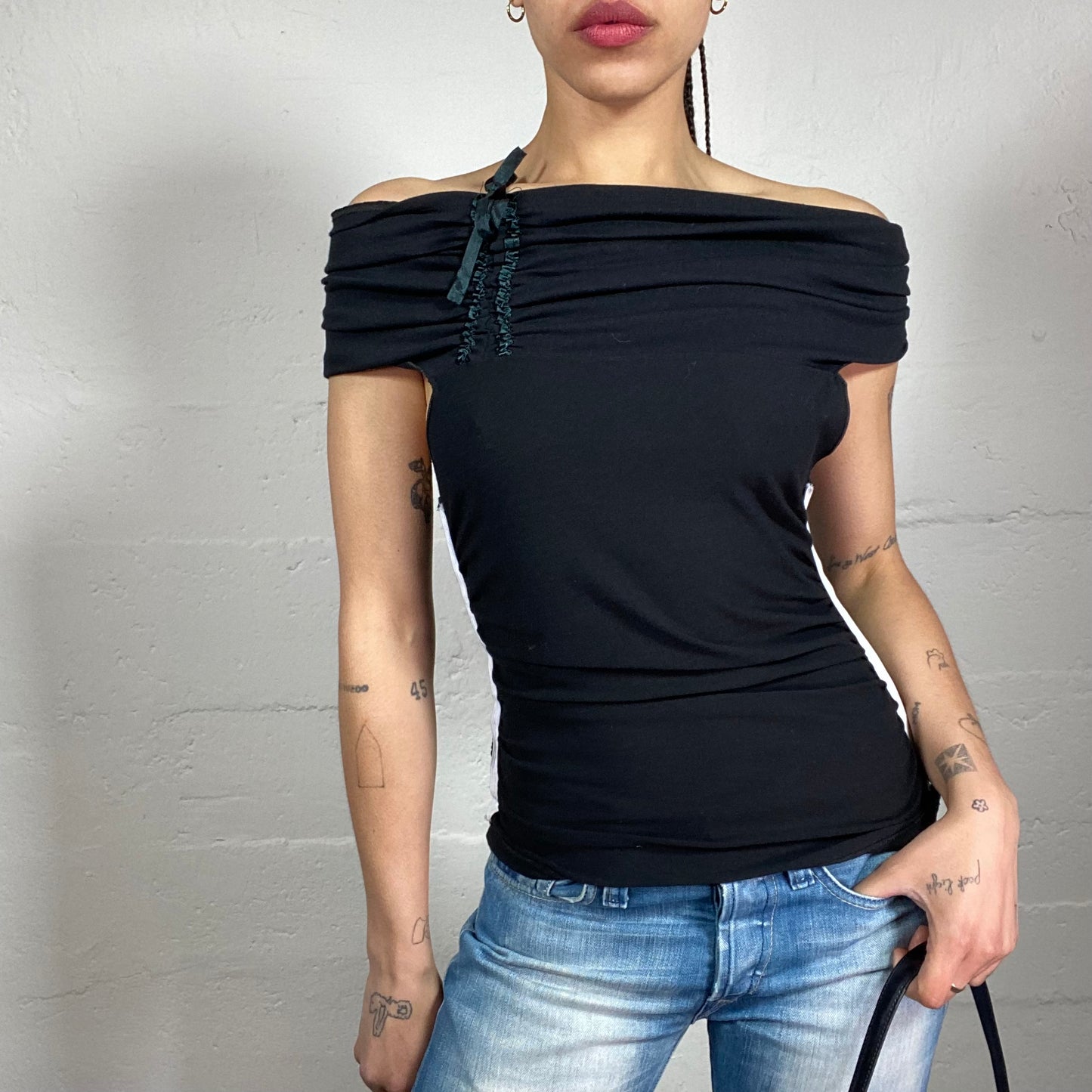 Vintage 2000’s Night Out Black Classy Draped Off Shoulder Top with Contrast White Side Stripes (S)